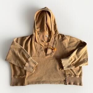 Free People Tan / Orange oversized hooded sweatshirt ribbed deep V-neckline Med